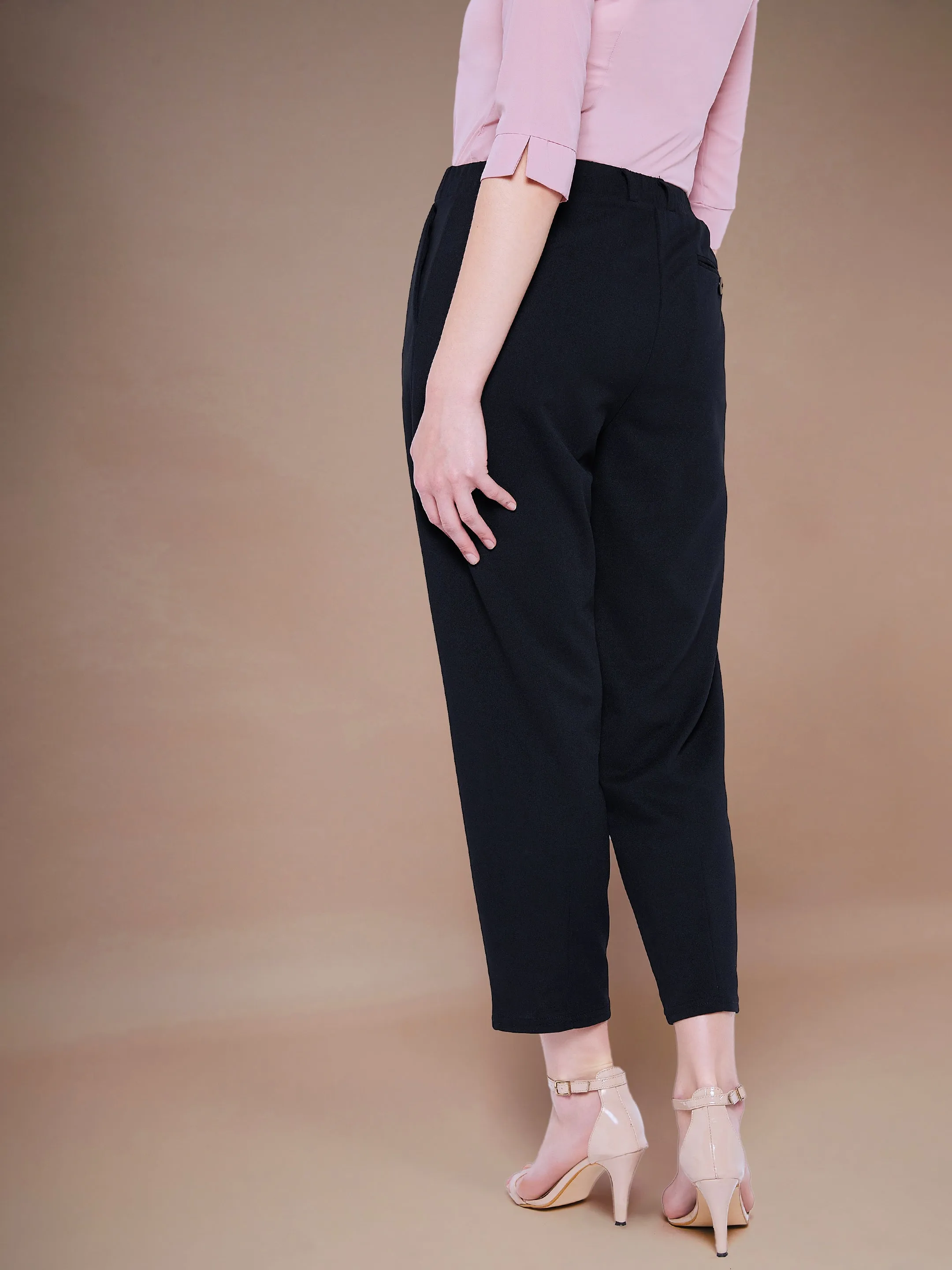 Women Black Stretch Knit Tapered Pants