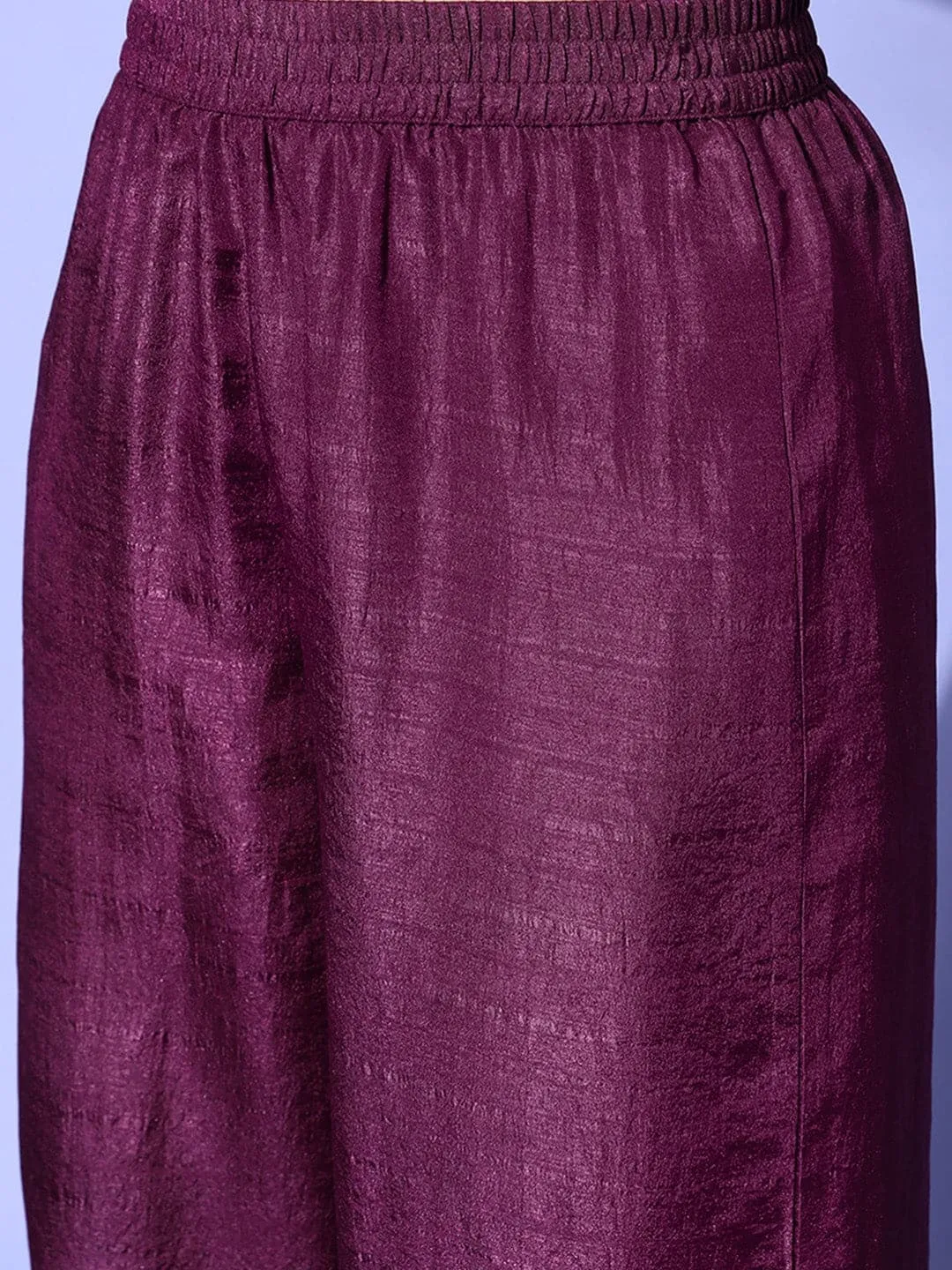 Women Burgundy Mirror Embroidered Top With Palazzo Pants