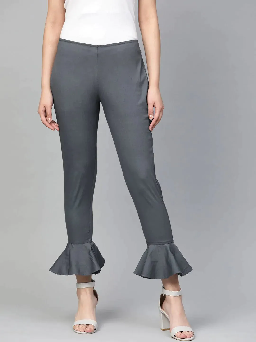 Women Grey Smart Fit Solid Bottom Flared Trousers