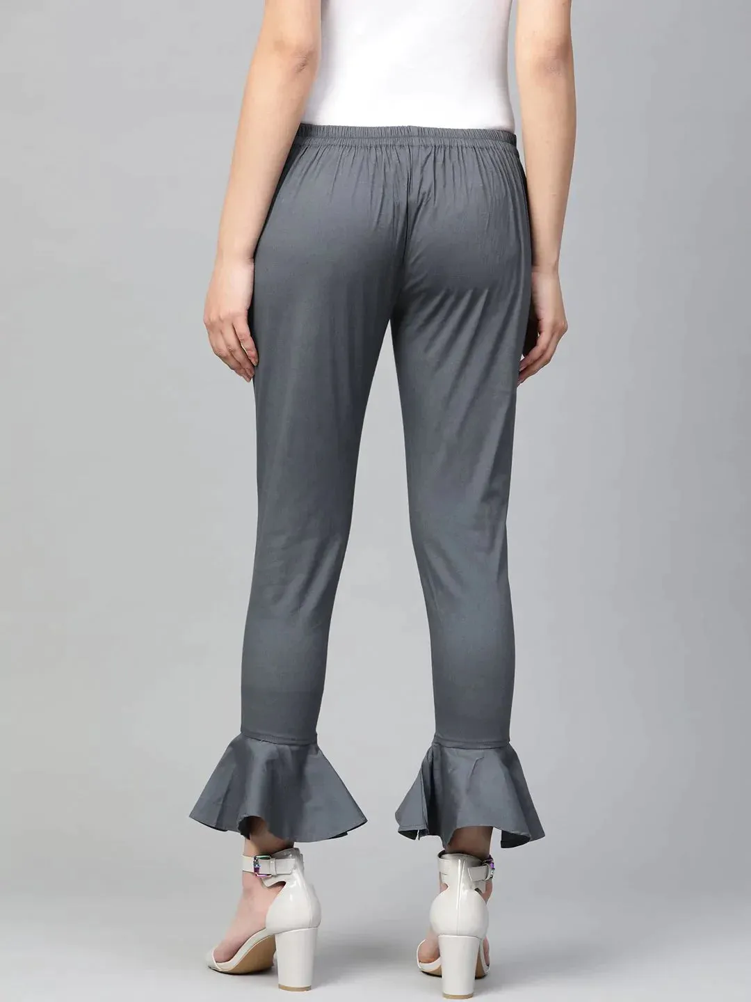 Women Grey Smart Fit Solid Bottom Flared Trousers