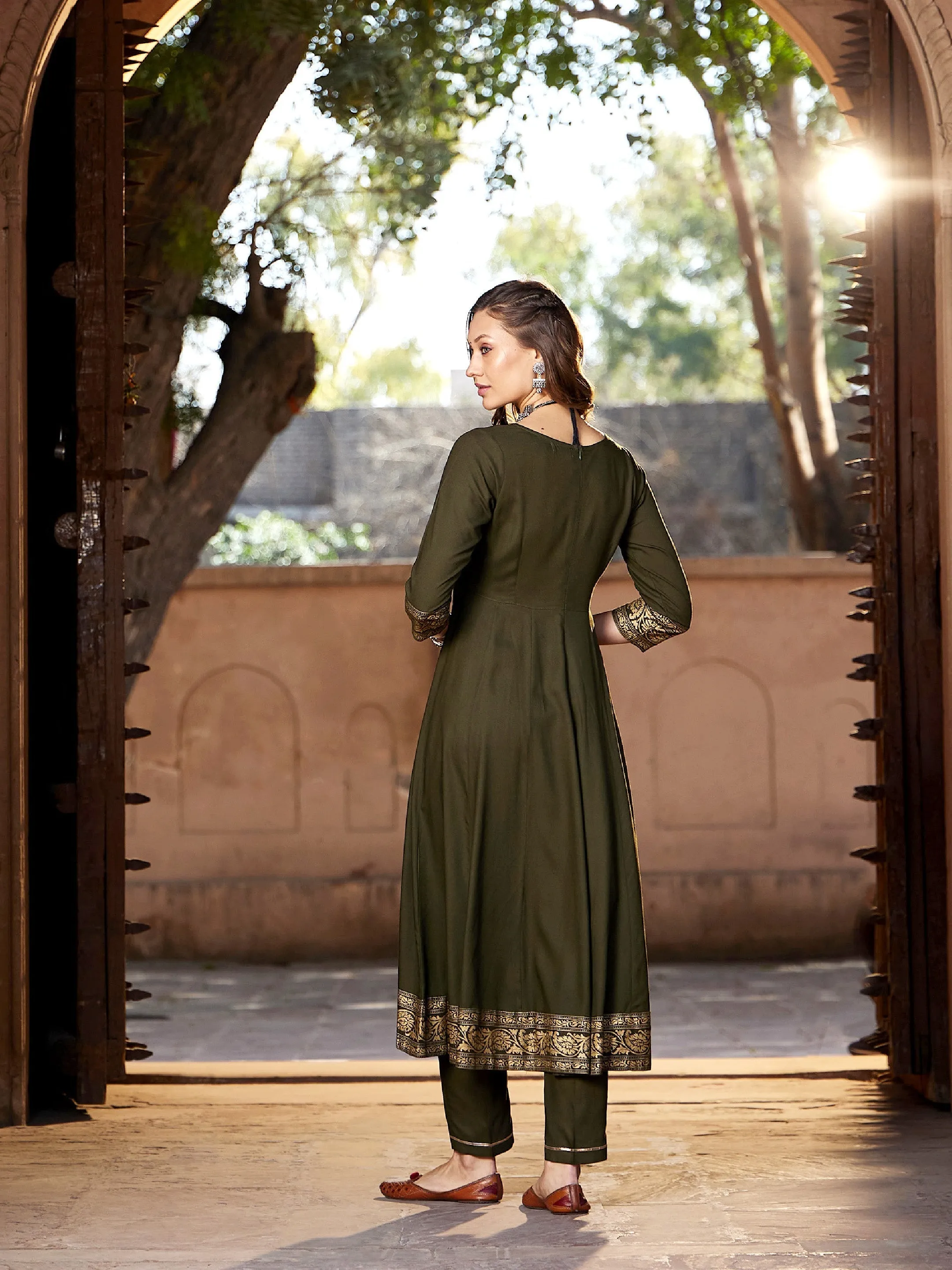 Women Olive Floral Foil Border Anarkali Kurta With Pants