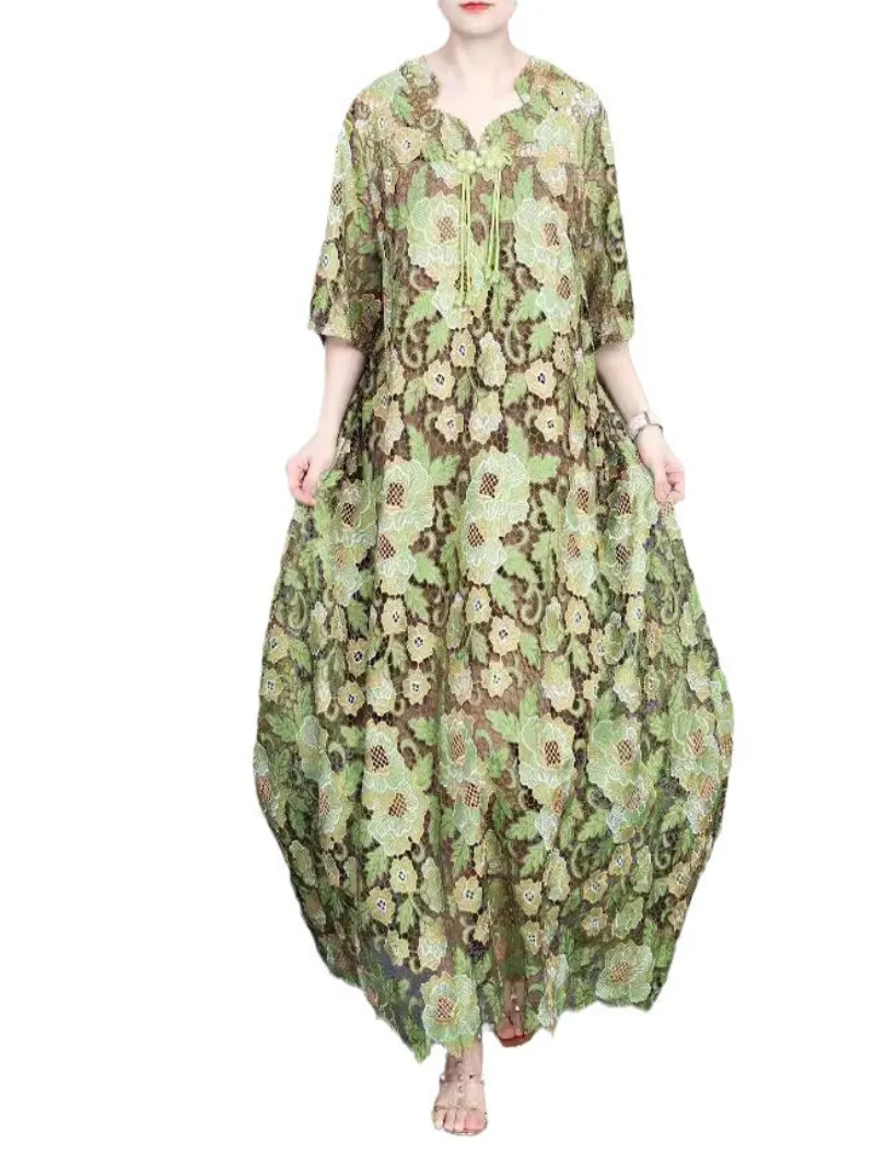 Women's All Body Types Flower Embroidery Double Layer A-Line Dress