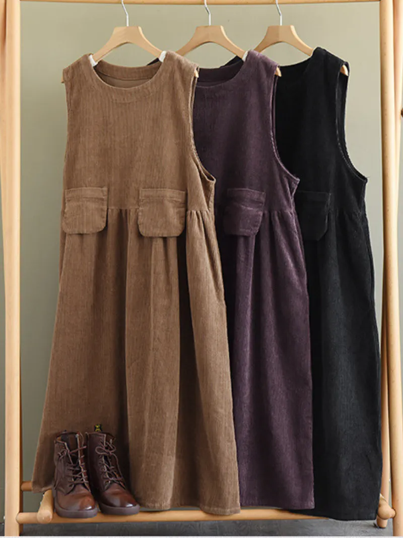 Women's Autumn Corduroy Vest Skirt Loose Sleeveless Strap A-Line Dress